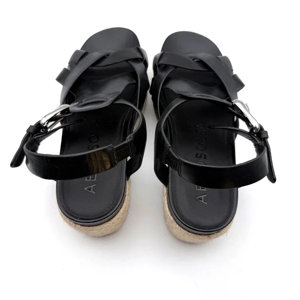 Aerosoles Chatham Wedge Sandals Womens 9.5 Black Leather Espadrille Platform